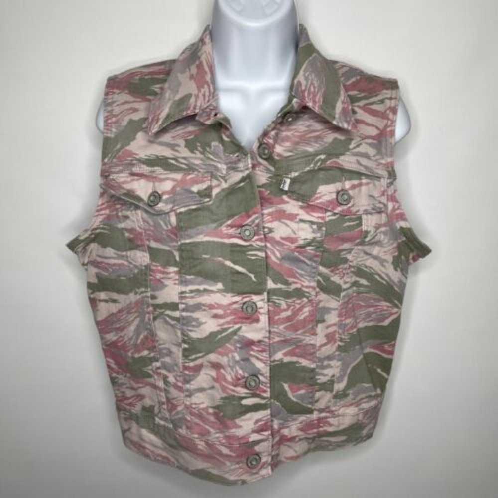 Levis Pink Green Gray Camo Camouflage Denim Button Front Vest